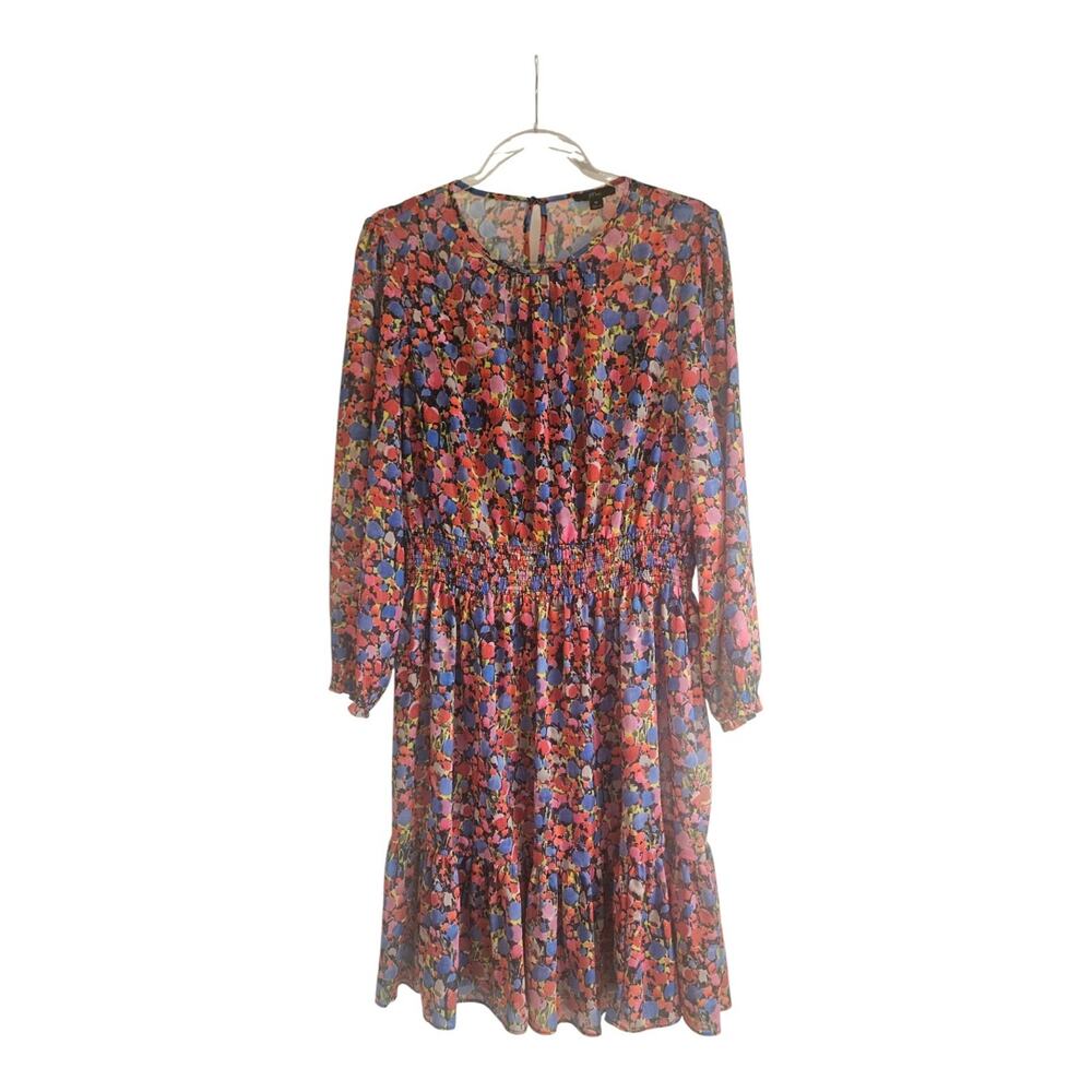 J. Crew Dress Size M L/S Midi Smocked Waist Abstract Floral Ruffle Hem